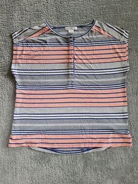 Liz Claiborne Coral and Navy Striped Short Sleeve Tee